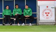 13 June 2025; Shamrock Rovers players, from left, Sean Kavanagh, Graham Burke and Aaron McEneff before the SSE Airtricity Men's Premier Division match between Shelbourne and Shamrock Rovers at Tolka Park in Dublin. Photo by Stephen McCarthy/Sportsfile