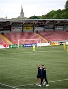 13 June 2025; Cian Byrne, left, and Garry Buckley of Galway United before the SSE Airtricity Men's Premier Division match between Derry City and Galway United at The Ryan McBride Brandywell Stadium in Derry. Photo by Ramsey Cardy/Sportsfile