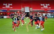 13 June 2025; Shelbourne players warm up before the SSE Airtricity Men's Premier Division match between Shelbourne and Shamrock Rovers at Tolka Park in Dublin. Photo by Stephen McCarthy/Sportsfile
