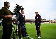 13 June 2025; Shelbourne manager Damien Duff is interviewed for Virgin Media TV before the SSE Airtricity Men's Premier Division match between Shelbourne and Shamrock Rovers at Tolka Park in Dublin. Photo by Sam Barnes/Sportsfile