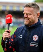 13 June 2025; Shelbourne manager Damien Duff is interviewed for Virgin Media TV before the SSE Airtricity Men's Premier Division match between Shelbourne and Shamrock Rovers at Tolka Park in Dublin. Photo by Sam Barnes/Sportsfile