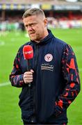 13 June 2025; Shelbourne manager Damien Duff is interviewed for Virgin Media TV before the SSE Airtricity Men's Premier Division match between Shelbourne and Shamrock Rovers at Tolka Park in Dublin. Photo by Sam Barnes/Sportsfile