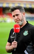 13 June 2025; Shamrock Rovers manager Stephen Bradley is interviewed for Virgin Media TV before the SSE Airtricity Men's Premier Division match between Shelbourne and Shamrock Rovers at Tolka Park in Dublin. Photo by Sam Barnes/Sportsfile