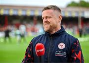 13 June 2025; Shelbourne manager Damien Duff is interviewed for Virgin Media TV before the SSE Airtricity Men's Premier Division match between Shelbourne and Shamrock Rovers at Tolka Park in Dublin. Photo by Sam Barnes/Sportsfile