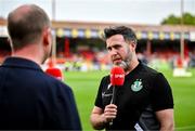 13 June 2025; Shamrock Rovers manager Stephen Bradley is interviewed for Virgin Media TV before the SSE Airtricity Men's Premier Division match between Shelbourne and Shamrock Rovers at Tolka Park in Dublin. Photo by Sam Barnes/Sportsfile