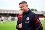 13 June 2025; Shelbourne manager Damien Duff is interviewed for Virgin Media TV before the SSE Airtricity Men's Premier Division match between Shelbourne and Shamrock Rovers at Tolka Park in Dublin. Photo by Sam Barnes/Sportsfile