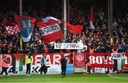 13 June 2025; Shelbourne supporters hold up a banner in tribute to the late Siobhan Clancy, mother of Shelbourne and Republic of Ireland player Aoibheann Clancy, before the SSE Airtricity Men's Premier Division match between Shelbourne and Shamrock Rovers at Tolka Park in Dublin. Photo by Stephen McCarthy/Sportsfile