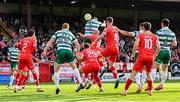 13 June 2025; Daniel Cleary of Shamrock Rovers heads his side's first goal during the SSE Airtricity Men's Premier Division match between Shelbourne and Shamrock Rovers at Tolka Park in Dublin. Photo by Stephen McCarthy/Sportsfile