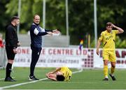 13 June 2025; Kerry manager Colin Healy reacts as Oran Crowe lies injured during the SSE Airtricity Men's First Division match between Athlone Town and Kerry at Athlone Town Stadium in Westmeath. Photo by Thomas Flinkow/Sportsfile