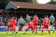 13 June 2025; Daniel Cleary of Shamrock Rovers heads his side's first goal during the SSE Airtricity Men's Premier Division match between Shelbourne and Shamrock Rovers at Tolka Park in Dublin. Photo by Stephen McCarthy/Sportsfile