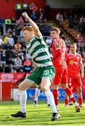 13 June 2025; Rory Gaffney of Shamrock Rovers celebrates after team-mate Daniel Cleary, not pictured, scored their side's first goal during the SSE Airtricity Men's Premier Division match between Shelbourne and Shamrock Rovers at Tolka Park in Dublin. Photo by Stephen McCarthy/Sportsfile