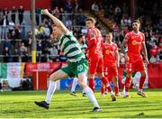 13 June 2025; Rory Gaffney of Shamrock Rovers celebrates after team-mate Daniel Cleary, not pictured, scored their side's first goal during the SSE Airtricity Men's Premier Division match between Shelbourne and Shamrock Rovers at Tolka Park in Dublin. Photo by Stephen McCarthy/Sportsfile