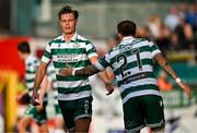13 June 2025; Daniel Cleary of Shamrock Rovers, left, celebrates with teammate Danny Grant after scoring their side's first goal during the SSE Airtricity Men's Premier Division match between Shelbourne and Shamrock Rovers at Tolka Park in Dublin. Photo by Sam Barnes/Sportsfile