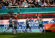 13 June 2025; Daniel Cleary of Shamrock Rovers, right, celebrates with teammates after scoring his side's first goal during the SSE Airtricity Men's Premier Division match between Shelbourne and Shamrock Rovers at Tolka Park in Dublin. Photo by Sam Barnes/Sportsfile