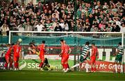 13 June 2025; Daniel Cleary of Shamrock Rovers, 6, scores his side's first goal during the SSE Airtricity Men's Premier Division match between Shelbourne and Shamrock Rovers at Tolka Park in Dublin. Photo by Sam Barnes/Sportsfile