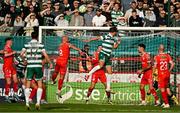 13 June 2025; Daniel Cleary of Shamrock Rovers, centre, scores his side's first goal during the SSE Airtricity Men's Premier Division match between Shelbourne and Shamrock Rovers at Tolka Park in Dublin. Photo by Sam Barnes/Sportsfile