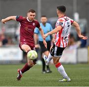 13 June 2025; Garry Buckley of Galway United in action against Michael Duffy of Derry City during the SSE Airtricity Men's Premier Division match between Derry City and Galway United at The Ryan McBride Brandywell Stadium in Derry. Photo by Ramsey Cardy/Sportsfile