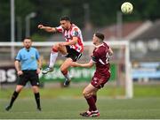13 June 2025; Michael Duffy of Derry City in action against Garry Buckley of Galway United during the SSE Airtricity Men's Premier Division match between Derry City and Galway United at The Ryan McBride Brandywell Stadium in Derry. Photo by Ramsey Cardy/Sportsfile