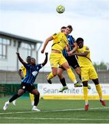 13 June 2025; Kerry players Niall Brookwell, centre, and Daniel Okwute in action against Kyle Robinson of Athlone Town during the SSE Airtricity Men's First Division match between Athlone Town and Kerry at Athlone Town Stadium in Westmeath. Photo by Thomas Flinkow/Sportsfile
