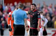 13 June 2025; Ryan Brennan of Drogheda United remonstrates with referee Kevin O'Sullivan during the SSE Airtricity Men's Premier Division match between St Patrick's Athletic and Drogheda United at Richmond Park in Dublin. Photo by Shauna Clinton/Sportsfile