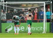 13 June 2025; Josh Honohan of Shamrock Rovers, right, reacts after scoring an own goal, Shelbourne's first goal, during the SSE Airtricity Men's Premier Division match between Shelbourne and Shamrock Rovers at Tolka Park in Dublin. Photo by Stephen McCarthy/Sportsfile