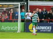 13 June 2025; Josh Honohan of Shamrock Rovers reacts after scoring an own goal, Shelbourne's first goal, during the SSE Airtricity Men's Premier Division match between Shelbourne and Shamrock Rovers at Tolka Park in Dublin. Photo by Stephen McCarthy/Sportsfile