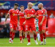 13 June 2025; Kerr McInroy and Mark Coyle, right, of Shelbourne after their first goal, an own goal during the SSE Airtricity Men's Premier Division match between Shelbourne and Shamrock Rovers at Tolka Park in Dublin. Photo by Stephen McCarthy/Sportsfile