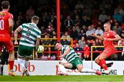 13 June 2025; Josh Honohan of Shamrock Rovers scores an own goal during the SSE Airtricity Men's Premier Division match between Shelbourne and Shamrock Rovers at Tolka Park in Dublin. Photo by Sam Barnes/Sportsfile