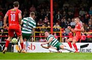 13 June 2025; Josh Honohan of Shamrock Rovers scores an own goal during the SSE Airtricity Men's Premier Division match between Shelbourne and Shamrock Rovers at Tolka Park in Dublin. Photo by Sam Barnes/Sportsfile