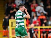 13 June 2025; Josh Honohan of Shamrock Rovers reacts after scoring an own goal during the SSE Airtricity Men's Premier Division match between Shelbourne and Shamrock Rovers at Tolka Park in Dublin. Photo by Sam Barnes/Sportsfile