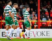 13 June 2025; Josh Honohan of Shamrock Rovers, right, reacts after scoring an own goal during the SSE Airtricity Men's Premier Division match between Shelbourne and Shamrock Rovers at Tolka Park in Dublin. Photo by Sam Barnes/Sportsfile