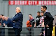 13 June 2025; Galway United manager John Caulfield, left, and Derry City manager Tiernan Lynch during the SSE Airtricity Men's Premier Division match between Derry City and Galway United at The Ryan McBride Brandywell Stadium in Derry. Photo by Ramsey Cardy/Sportsfile