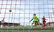13 June 2025; Kevin Holt of Derry City scores his side's first goal past Galway United goalkeper Evan Watts during the SSE Airtricity Men's Premier Division match between Derry City and Galway United at The Ryan McBride Brandywell Stadium in Derry. Photo by Ramsey Cardy/Sportsfile