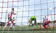 13 June 2025; Derry City players celebrate their side's first goal, scored by Kevin Holt, 22, during the SSE Airtricity Men's Premier Division match between Derry City and Galway United at The Ryan McBride Brandywell Stadium in Derry. Photo by Ramsey Cardy/Sportsfile