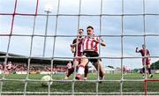 13 June 2025; Gavin Whyte of Derry City attempts to connect to a cross during the SSE Airtricity Men's Premier Division match between Derry City and Galway United at The Ryan McBride Brandywell Stadium in Derry. Photo by Ramsey Cardy/Sportsfile