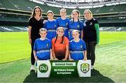 11 June 2025; Marshalstown NS, Wexford, players; Hollie Ryan, Abi Doyle Kinsella, Aoife Martin, Nina Naughton, Wallis Ashmore, Jodie Wheeler, Sophia Raleigh, Emily Redmond and teachers Marie Claire Morrissey and Lynsey Dobbs before the FAI Primary 5s Finals Day at the Aviva Stadium in Dublin. Photo by Seb Daly/Sportsfile