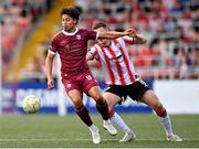 13 June 2025; Moses Dyer of Galway United in action against Hayden Cann of Derry City during the SSE Airtricity Men's Premier Division match between Derry City and Galway United at The Ryan McBride Brandywell Stadium in Derry. Photo by Ramsey Cardy/Sportsfile