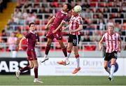 13 June 2025; Moses Dyer of Galway United in action against Kevin Holt of Derry City during the SSE Airtricity Men's Premier Division match between Derry City and Galway United at The Ryan McBride Brandywell Stadium in Derry. Photo by Ramsey Cardy/Sportsfile