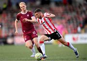 13 June 2025; Michael Duffy of Derry City in action against Vincent Borden of Galway United during the SSE Airtricity Men's Premier Division match between Derry City and Galway United at The Ryan McBride Brandywell Stadium in Derry. Photo by Ramsey Cardy/Sportsfile