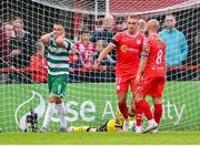 13 June 2025; Aaron McEneff of Shamrock Rovers reacts to a missed opportunity on goal during the SSE Airtricity Men's Premier Division match between Shelbourne and Shamrock Rovers at Tolka Park in Dublin. Photo by Stephen McCarthy/Sportsfile