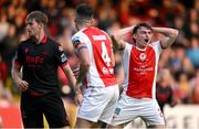 13 June 2025; Simon Power of St Patrick's Athletic reacts to a missed shot on goal during the SSE Airtricity Men's Premier Division match between St Patrick's Athletic and Drogheda United at Richmond Park in Dublin. Photo by Shauna Clinton/Sportsfile
