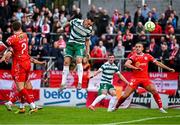 13 June 2025; Aaron McEneff of Shamrock Rovers heads on goal during the SSE Airtricity Men's Premier Division match between Shelbourne and Shamrock Rovers at Tolka Park in Dublin. Photo by Sam Barnes/Sportsfile