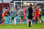 13 June 2025; Shamrock Rovers players, from left, Josh Honohan, Daniel Cleary and Aaron Greene appeal to referee Rob Harvey during the SSE Airtricity Men's Premier Division match between Shelbourne and Shamrock Rovers at Tolka Park in Dublin. Photo by Stephen McCarthy/Sportsfile