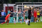 13 June 2025; Shamrock Rovers players, from left, Josh Honohan, Daniel Cleary and Aaron Greene appeal to referee Rob Harvey during the SSE Airtricity Men's Premier Division match between Shelbourne and Shamrock Rovers at Tolka Park in Dublin. Photo by Stephen McCarthy/Sportsfile