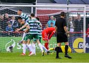 13 June 2025; Josh Honohan of Shamrock Rovers celebrates after scoring his side's second goal with Aaron McEneff, top, during the SSE Airtricity Men's Premier Division match between Shelbourne and Shamrock Rovers at Tolka Park in Dublin. Photo by Stephen McCarthy/Sportsfile
