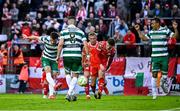 13 June 2025; Josh Honohan of Shamrock Rovers scores his side's second goal during the SSE Airtricity Men's Premier Division match between Shelbourne and Shamrock Rovers at Tolka Park in Dublin. Photo by Sam Barnes/Sportsfile