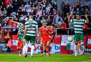 13 June 2025; Josh Honohan of Shamrock Rovers scores his side's second goal during the SSE Airtricity Men's Premier Division match between Shelbourne and Shamrock Rovers at Tolka Park in Dublin. Photo by Sam Barnes/Sportsfile