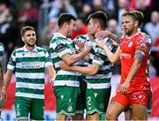 13 June 2025; Josh Honohan of Shamrock Rovers, centre right, celebrates with teammates after scoring his side's second goal during the SSE Airtricity Men's Premier Division match between Shelbourne and Shamrock Rovers at Tolka Park in Dublin. Photo by Sam Barnes/Sportsfile