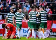 13 June 2025; Josh Honohan of Shamrock Rovers, second from right, celebrates with teammates after scoring his side's second goal during the SSE Airtricity Men's Premier Division match between Shelbourne and Shamrock Rovers at Tolka Park in Dublin. Photo by Sam Barnes/Sportsfile