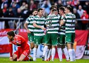13 June 2025; Josh Honohan of Shamrock Rovers, second from right, celebrates with teammates after scoring his side's second goal during the SSE Airtricity Men's Premier Division match between Shelbourne and Shamrock Rovers at Tolka Park in Dublin. Photo by Sam Barnes/Sportsfile